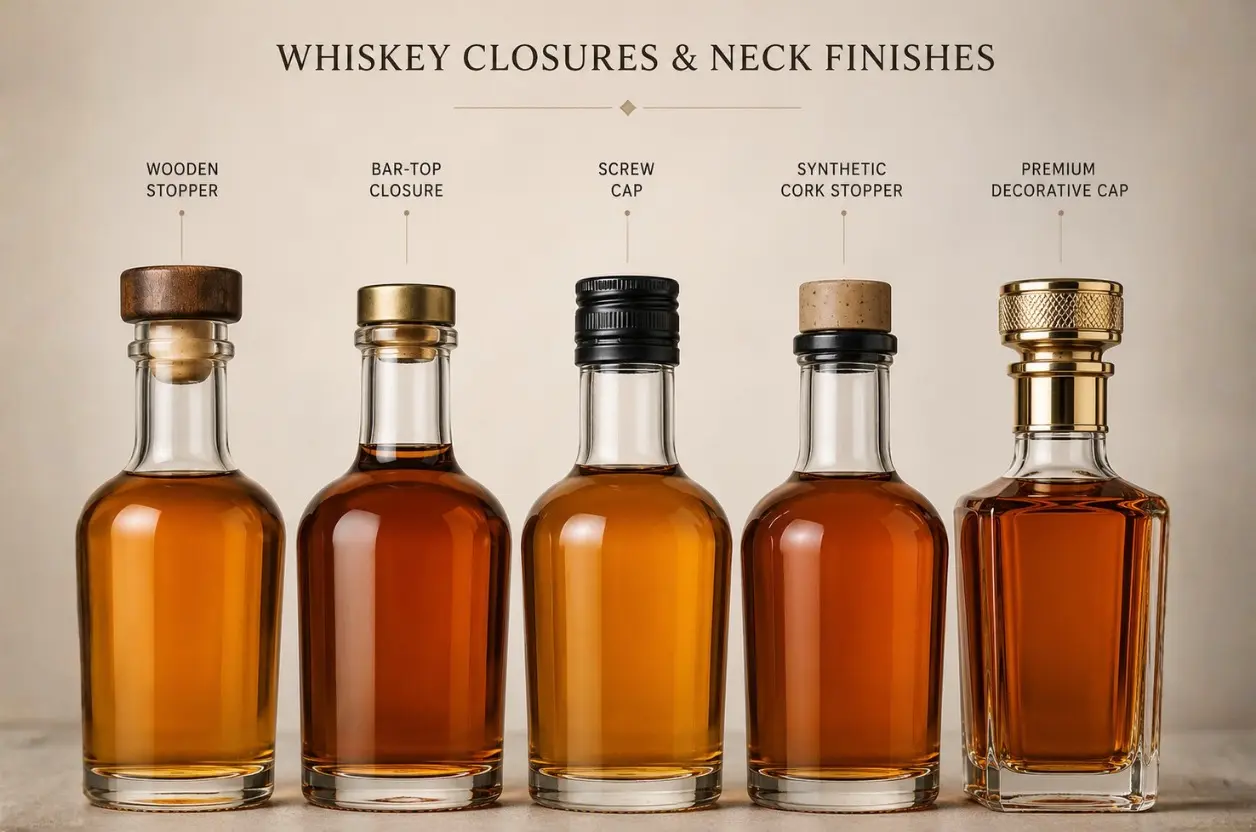whiskey bottle design with cork stoppers screw caps and premium closures