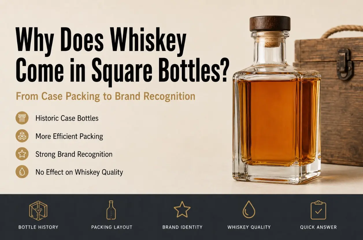 square whiskey bottles beside a wooden transport case