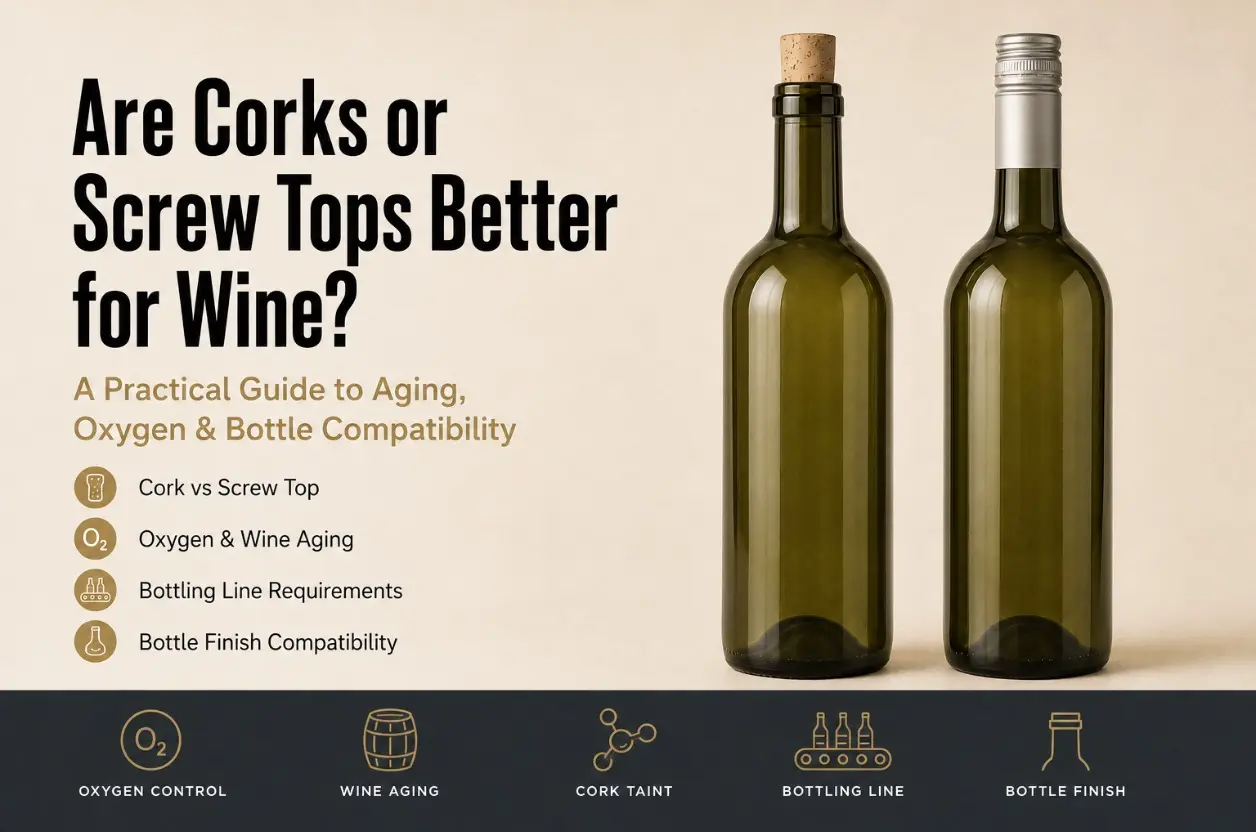 corks or screw tops compared on two green wine bottles