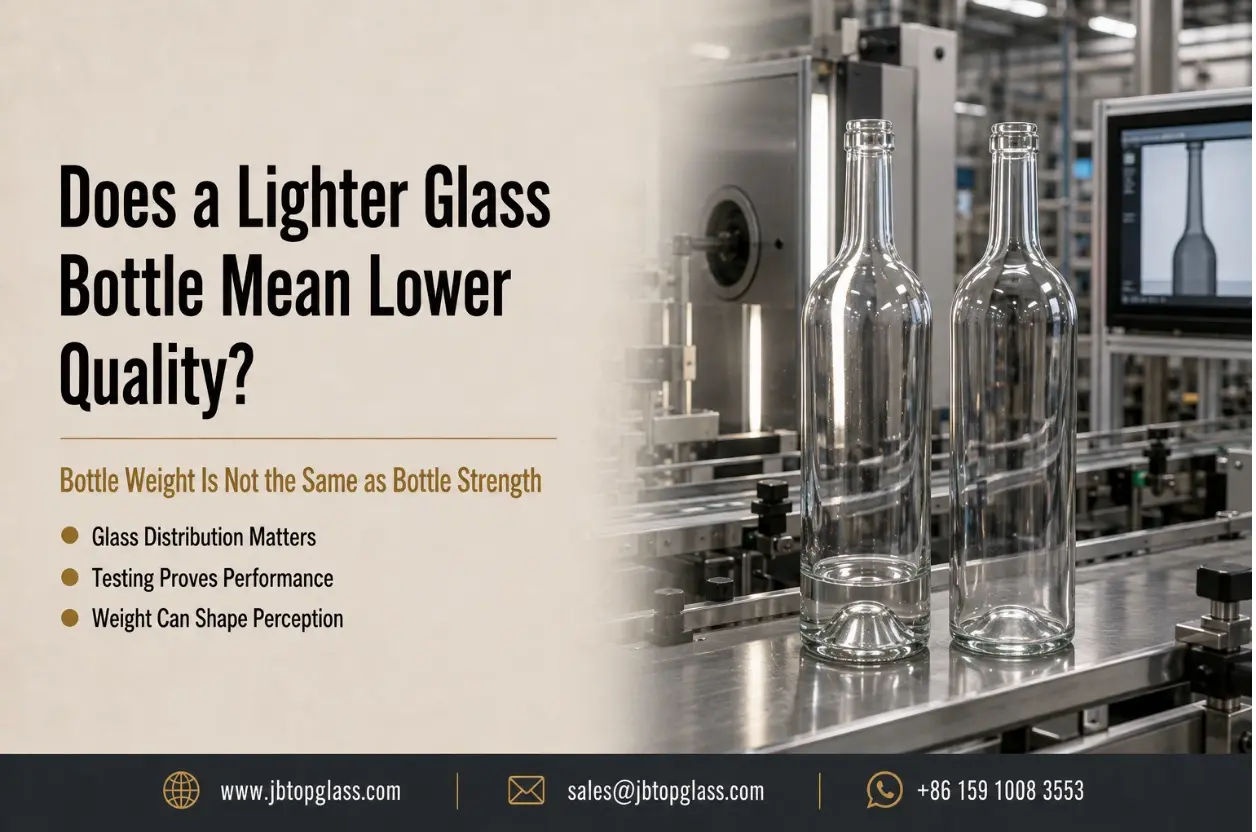 heavy and lightweight glass bottles compared on a quality inspection line