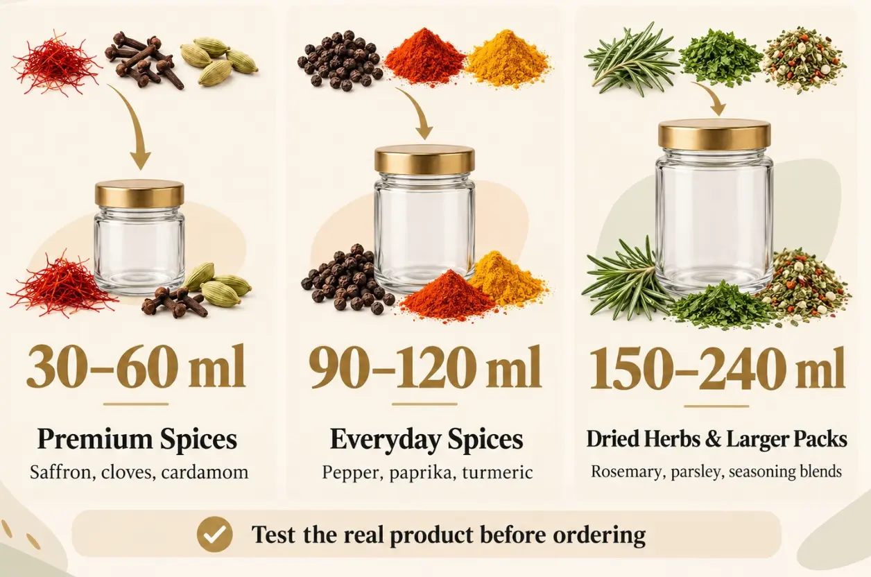 Spice jar size guide for premium spices, common seasonings and dried herbs