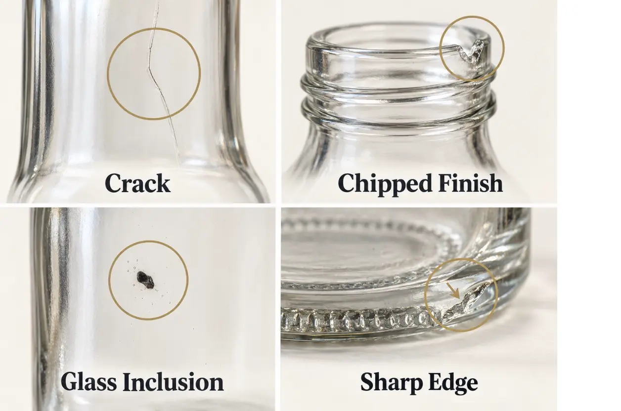 Crack, chipped finish, glass inclusion and sharp edge found on glass bottles