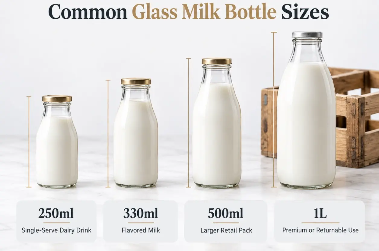 Comparison of 250ml 330ml 500ml and 1 liter glass milk bottle sizes