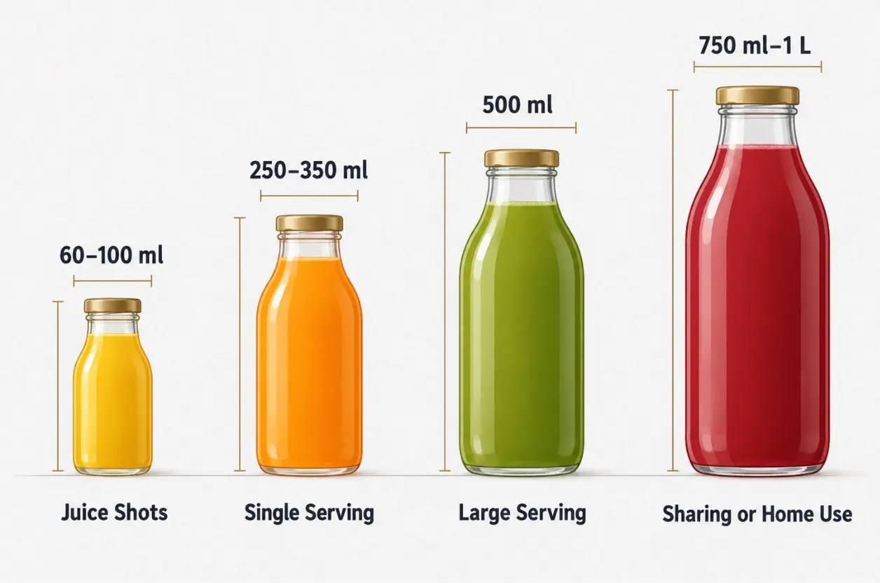 Juice bottle sizes from 60 ml wellness shots to 1 liter family bottles