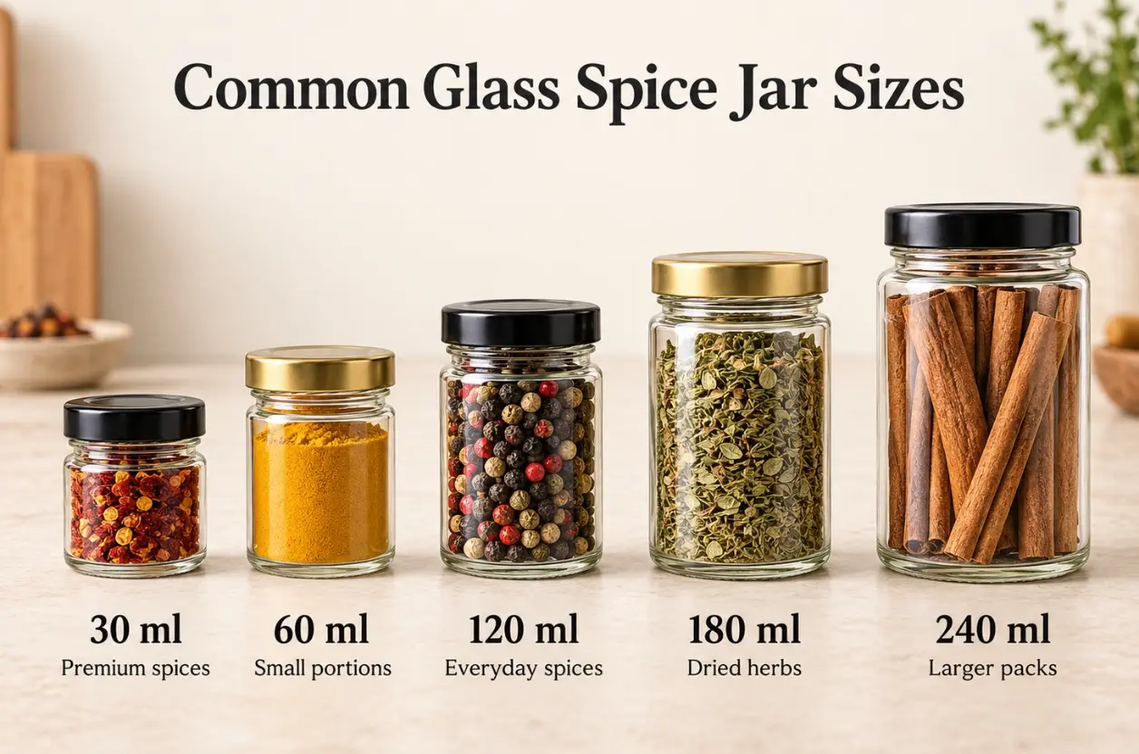 Glass spice jars in 30 ml, 60 ml, 120 ml, 180 ml and 240 ml sizes