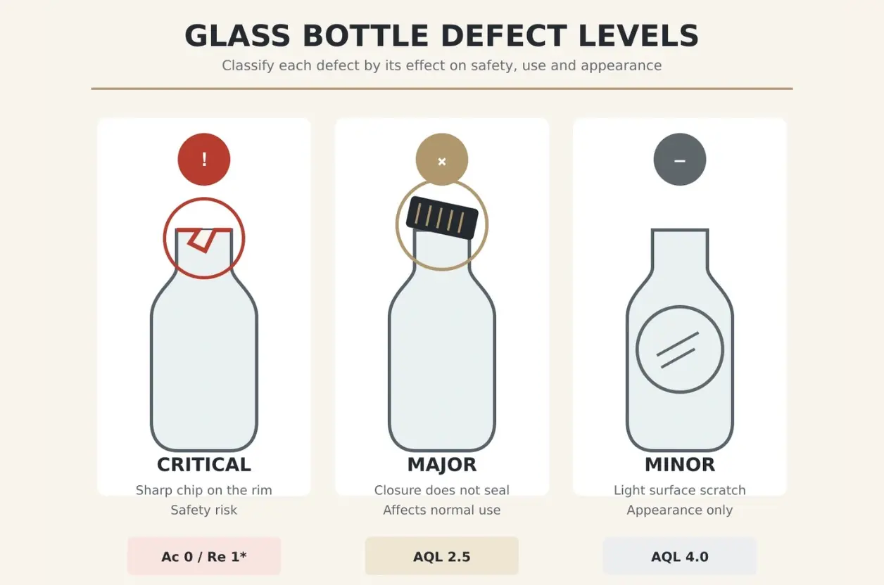 Examples of critical, major and minor glass bottle defects, including a chipped rim, sealing problem and surface scratch