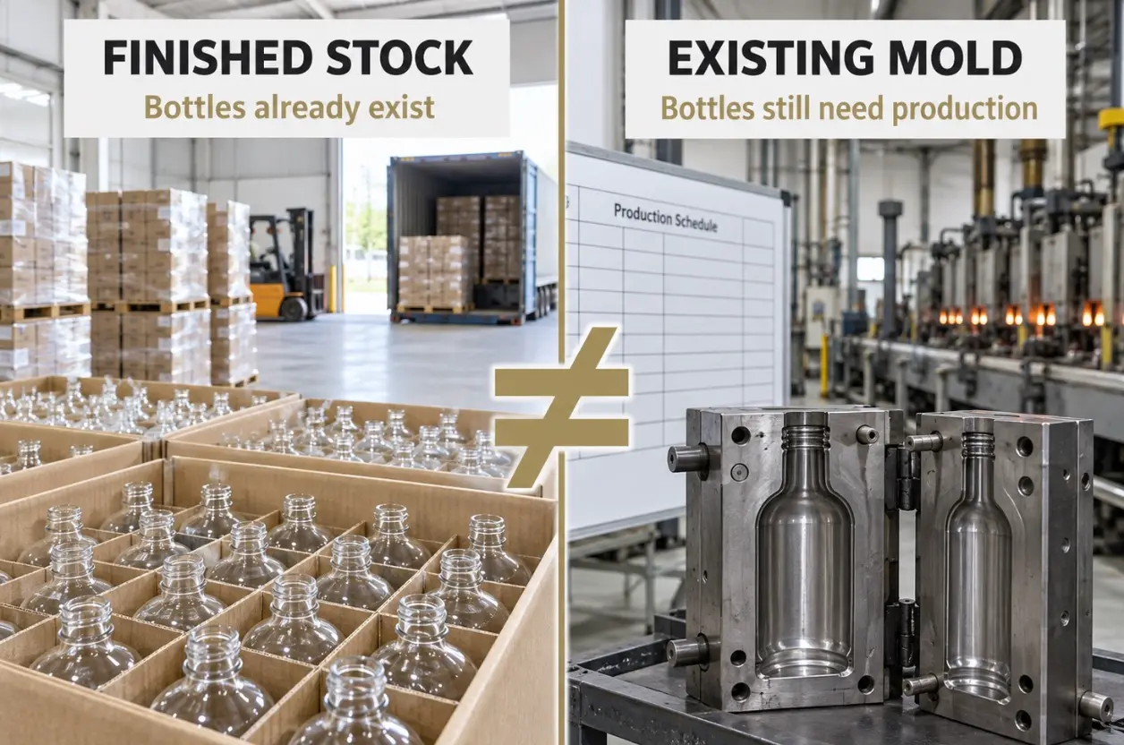 Finished glass bottle stock compared with an existing bottle mold that still requires production