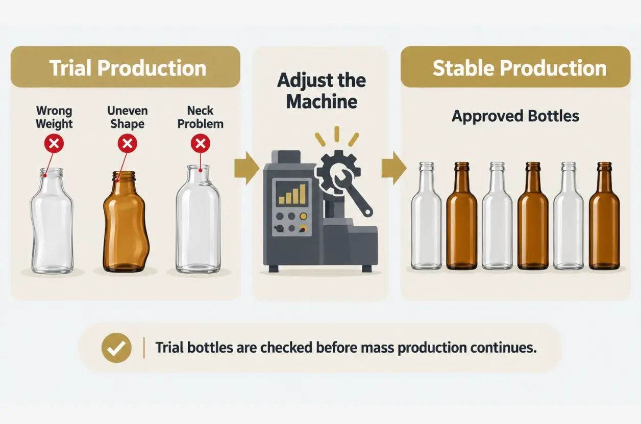 Trial glass bottles checked for weight, shape and neck problems before stable production
