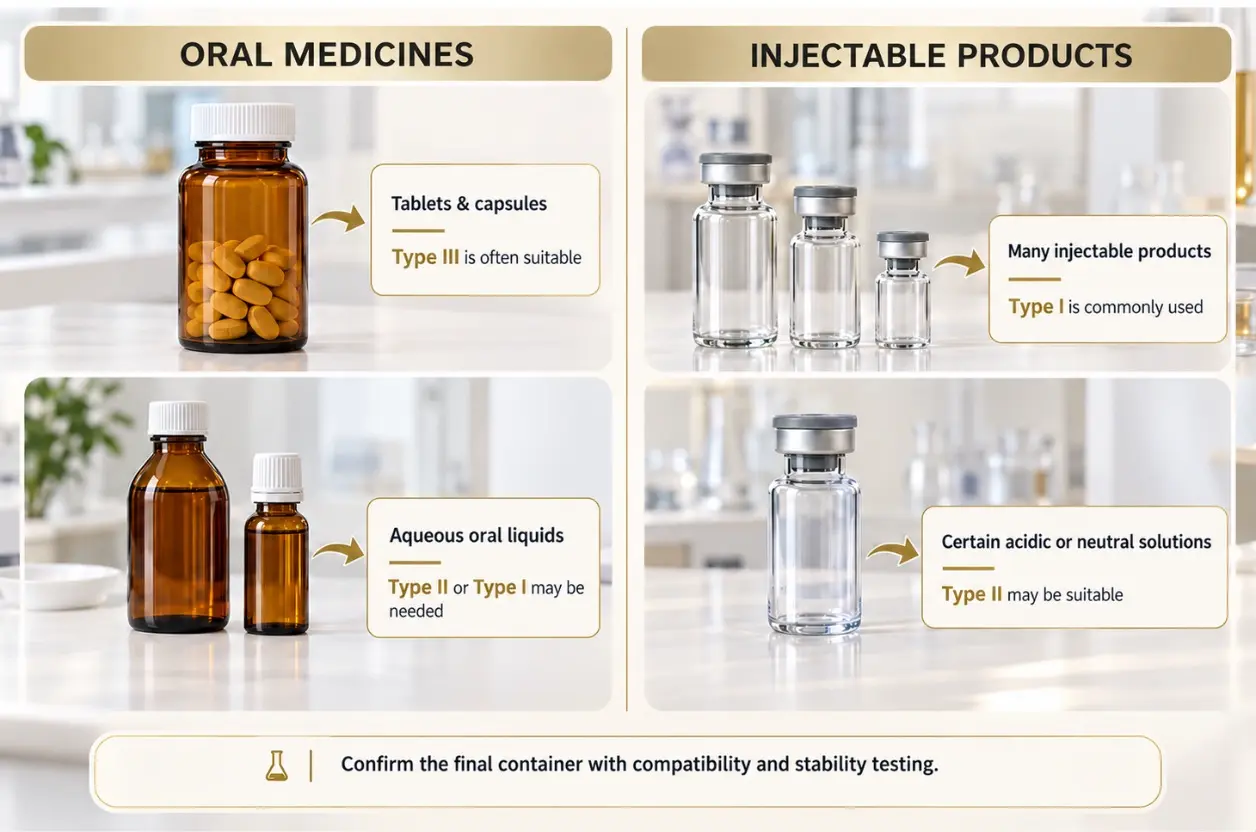 Pharmaceutical glass selection for oral medicines and injectable products