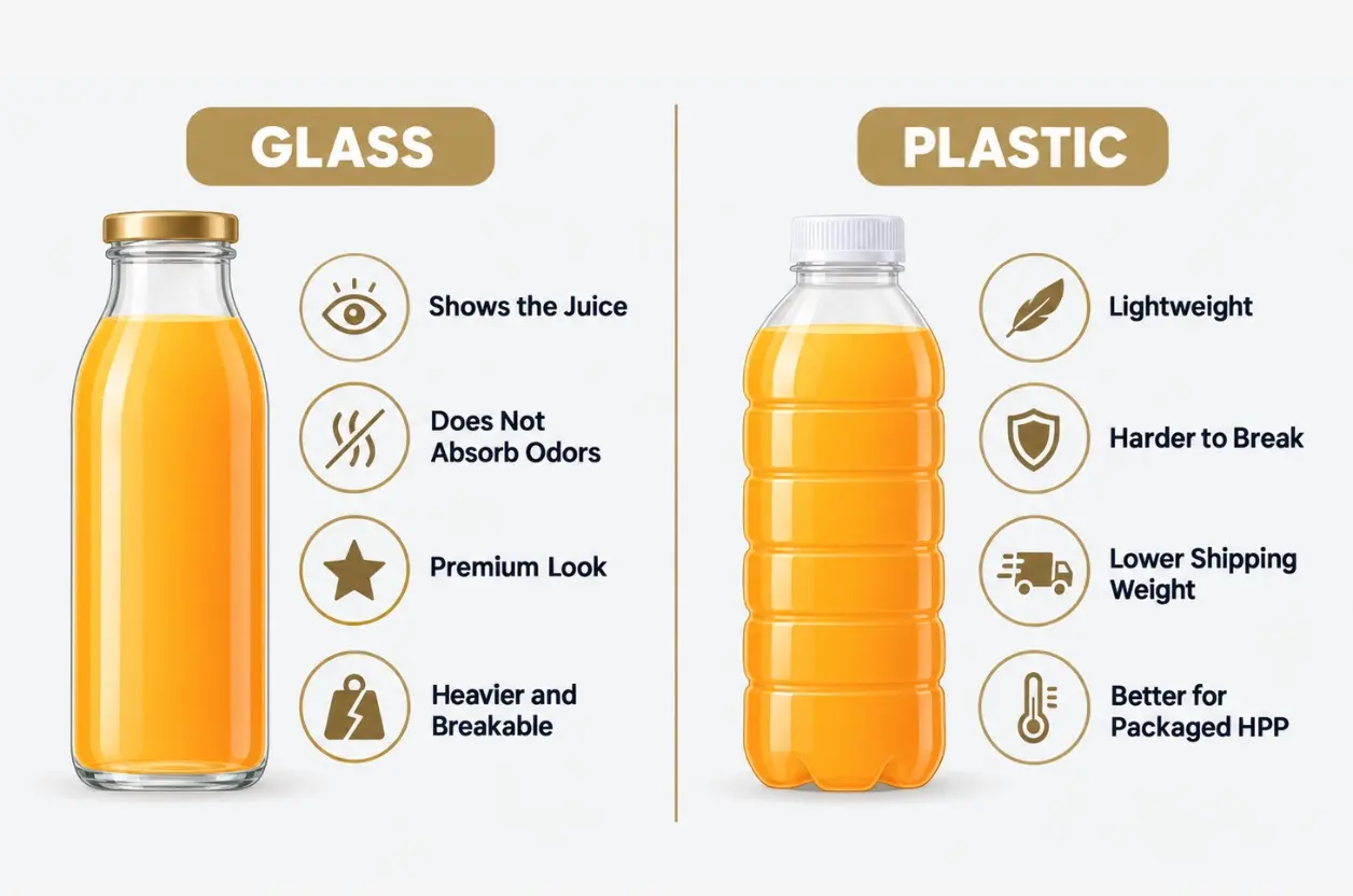 Glass and plastic juice bottles compared by weight, breakage, product display and HPP use