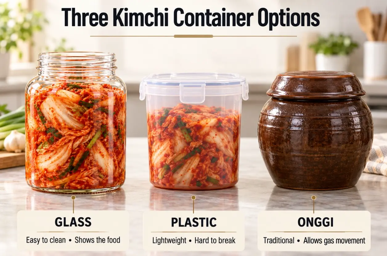 Clear glass jar, food-grade plastic container and traditional Korean onggi compared for kimchi fermentation