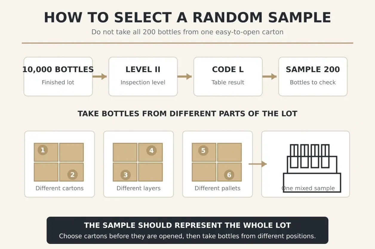 how 200 glass bottles are randomly selected from different cartons, layers and pallets