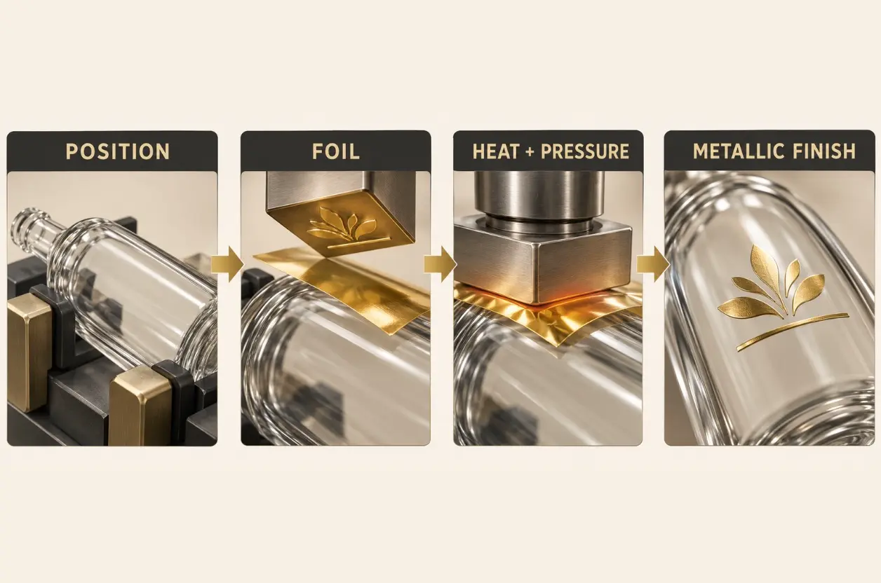 4-step hot stamping process on a glass bottle using foil, heat and pressure