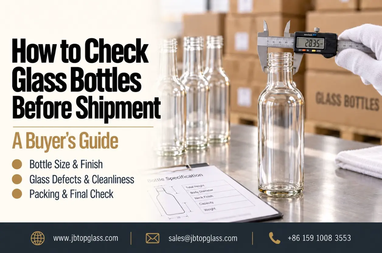 Buyer checking the neck finish of a clear glass bottle with a digital caliper before shipment