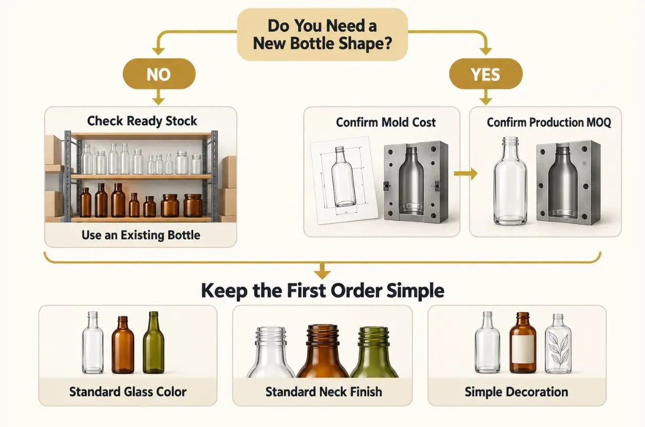 Ways to reduce glass bottle MOQ with stock bottles, standard colors and simple decoration