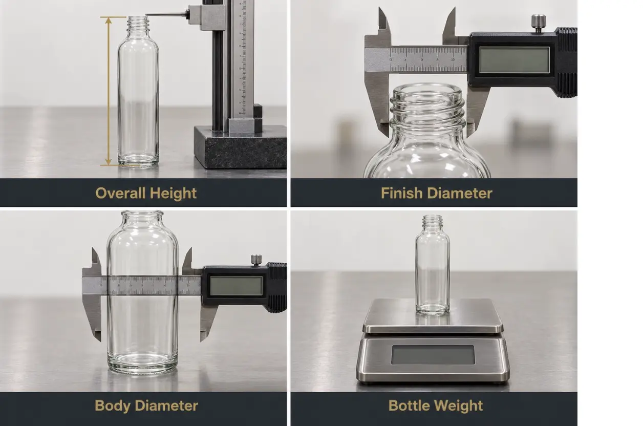 Glass bottle overall height, finish diameter, body diameter and weight measurements