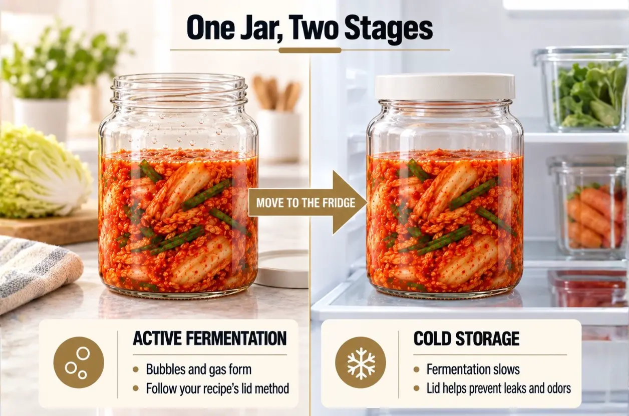 The same glass kimchi jar shown during active fermentation and later in refrigerated storage