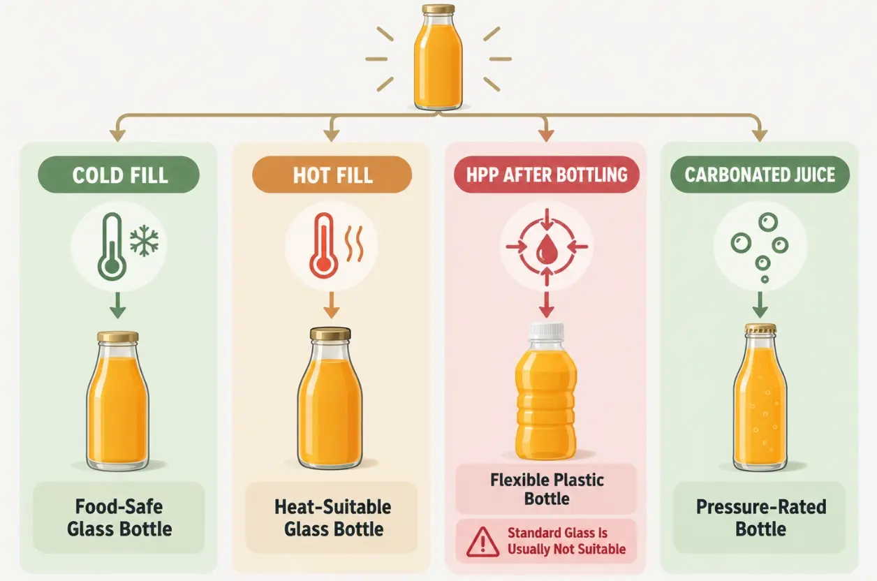 Flowchart matching cold fill, hot fill, HPP and carbonated juice with suitable bottles
