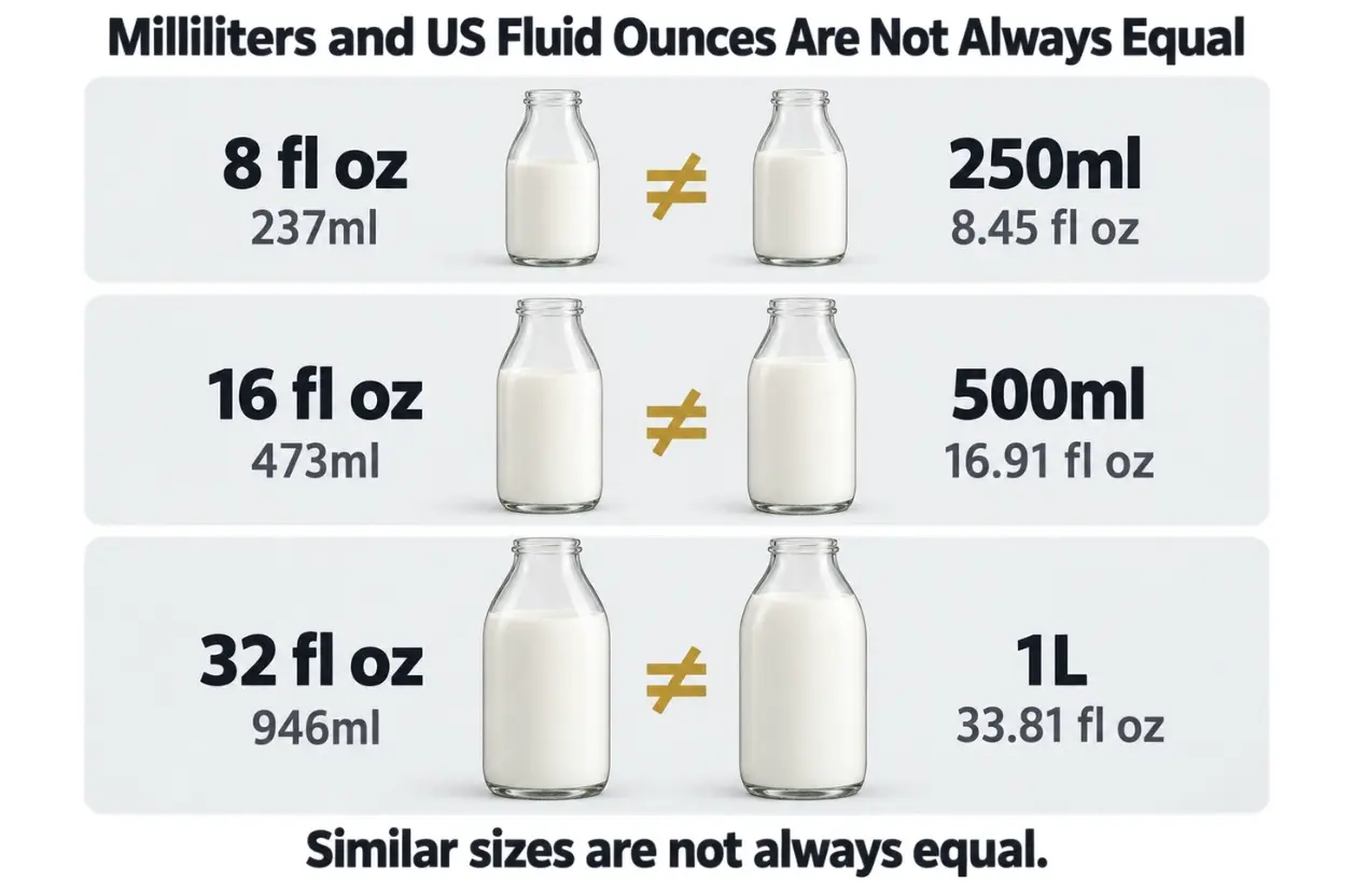 Difference between 250ml and 8 oz 500ml and 16 oz and 1 liter and 32 oz milk bottles