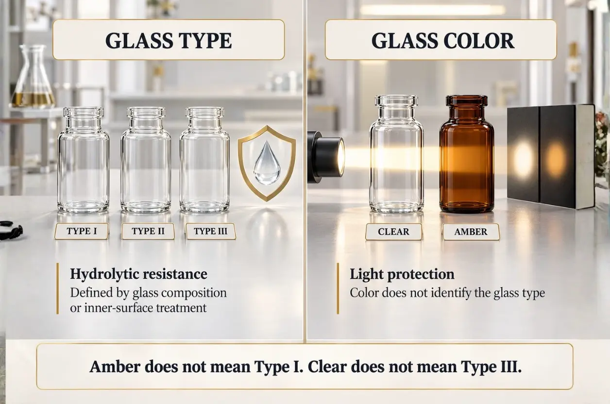 Difference between pharmaceutical glass type and medicine bottle color