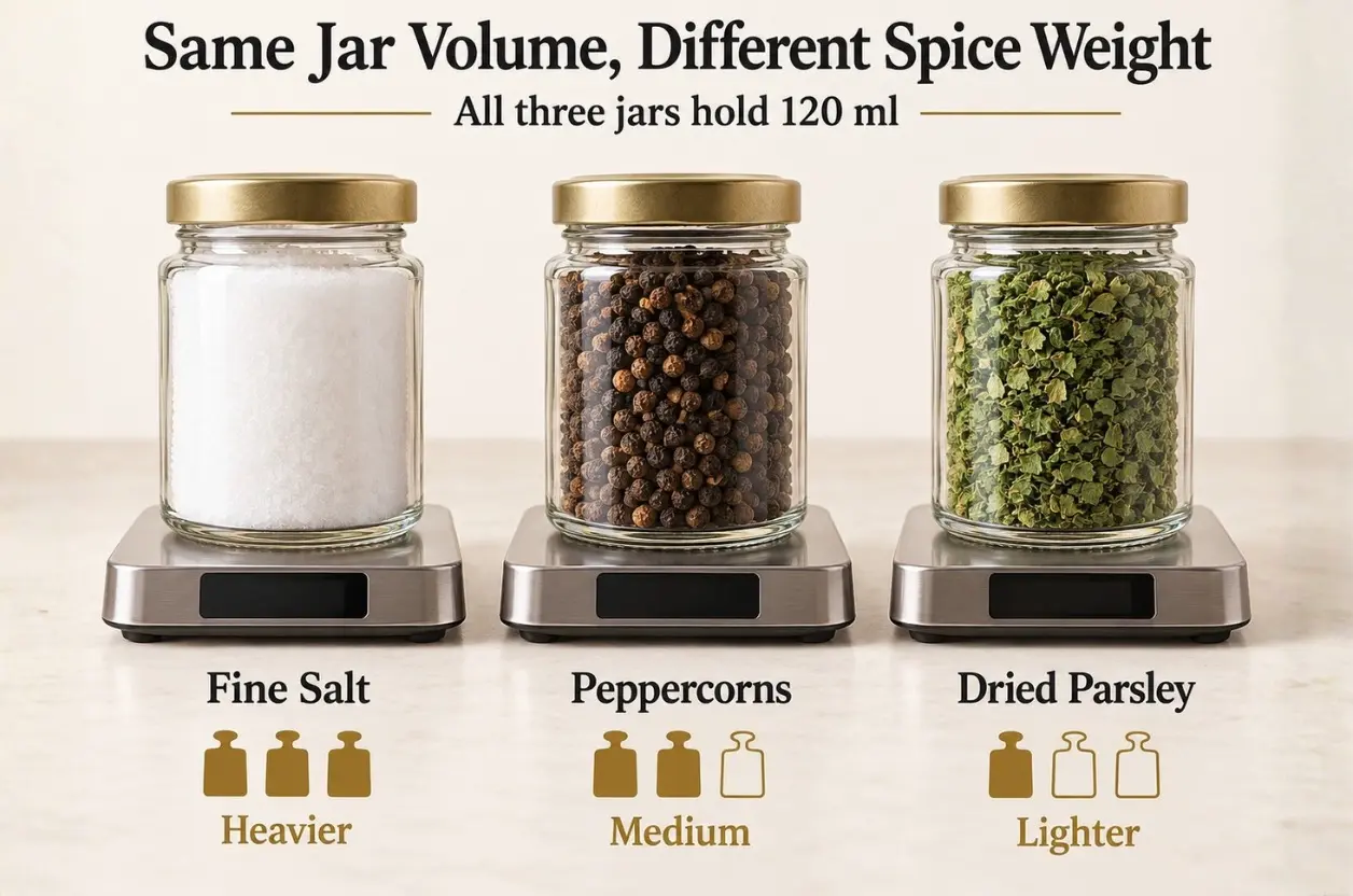 Identical 120 ml jars filled with salt, peppercorns and dried parsley