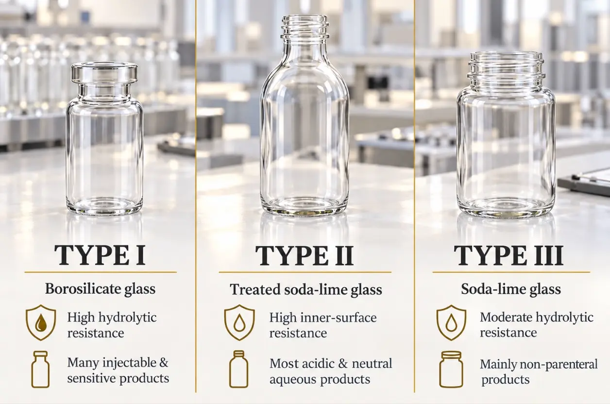 Comparison of Type I, Type II and Type III pharmaceutical glass
