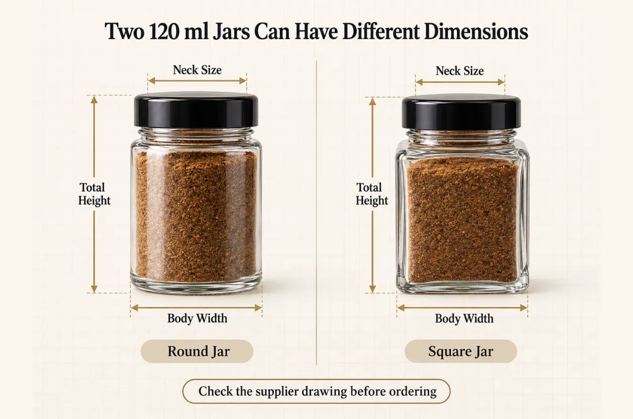 Width and height measurements of round and square 120 ml spice jars