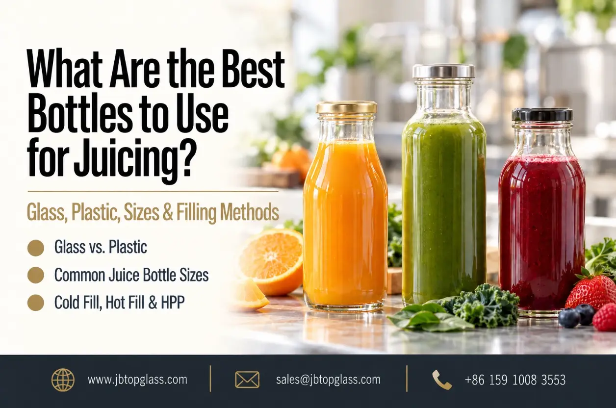 Clear glass juice bottles filled with orange, green and berry juice