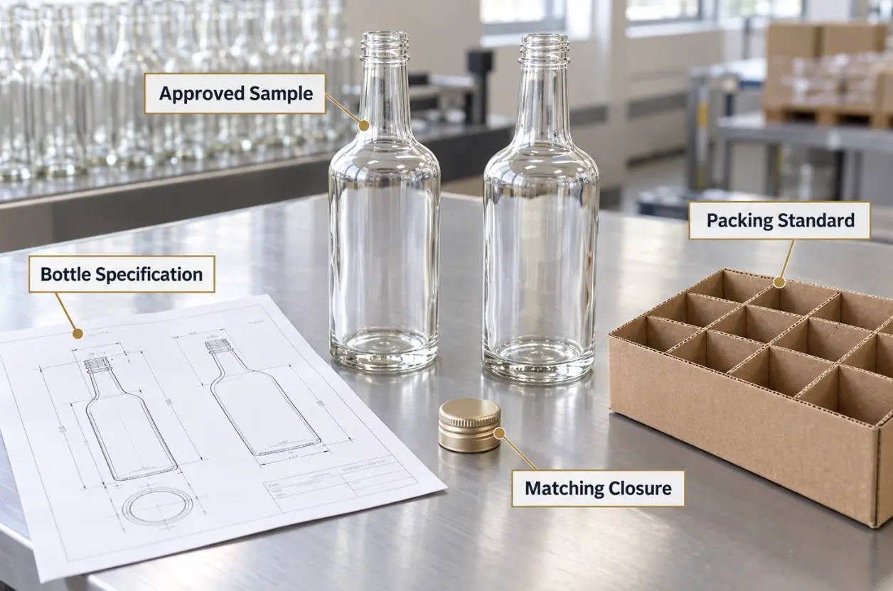 Approved bottle sample, specification drawing, matching closure and packing divider prepared for glass bottle inspection