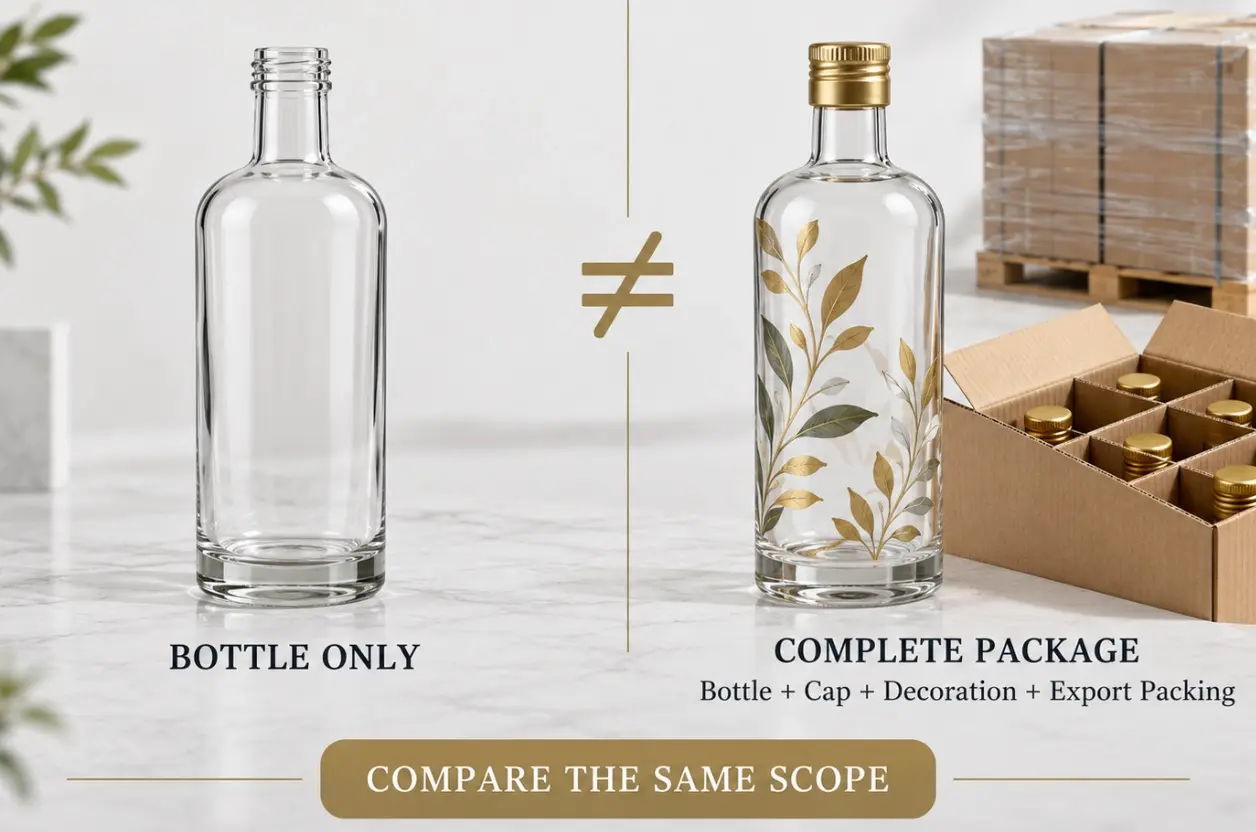 Bottle-only quotation compared with a complete glass bottle package including cap, decoration and export packing