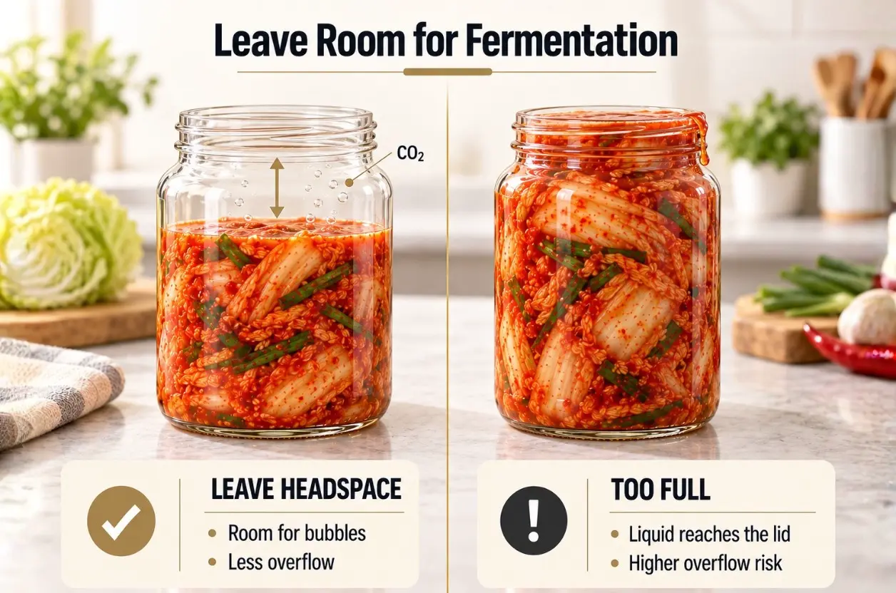 Side-by-side kimchi jars showing headspace for fermentation and an overfilled jar with higher overflow risk