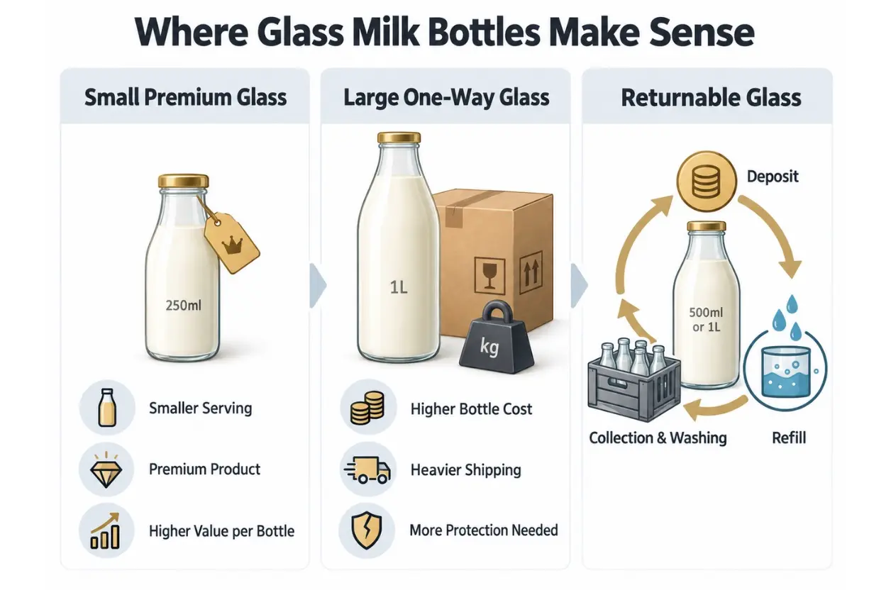 Why large single-use glass milk bottles cost more than smaller glass bottles and cartons