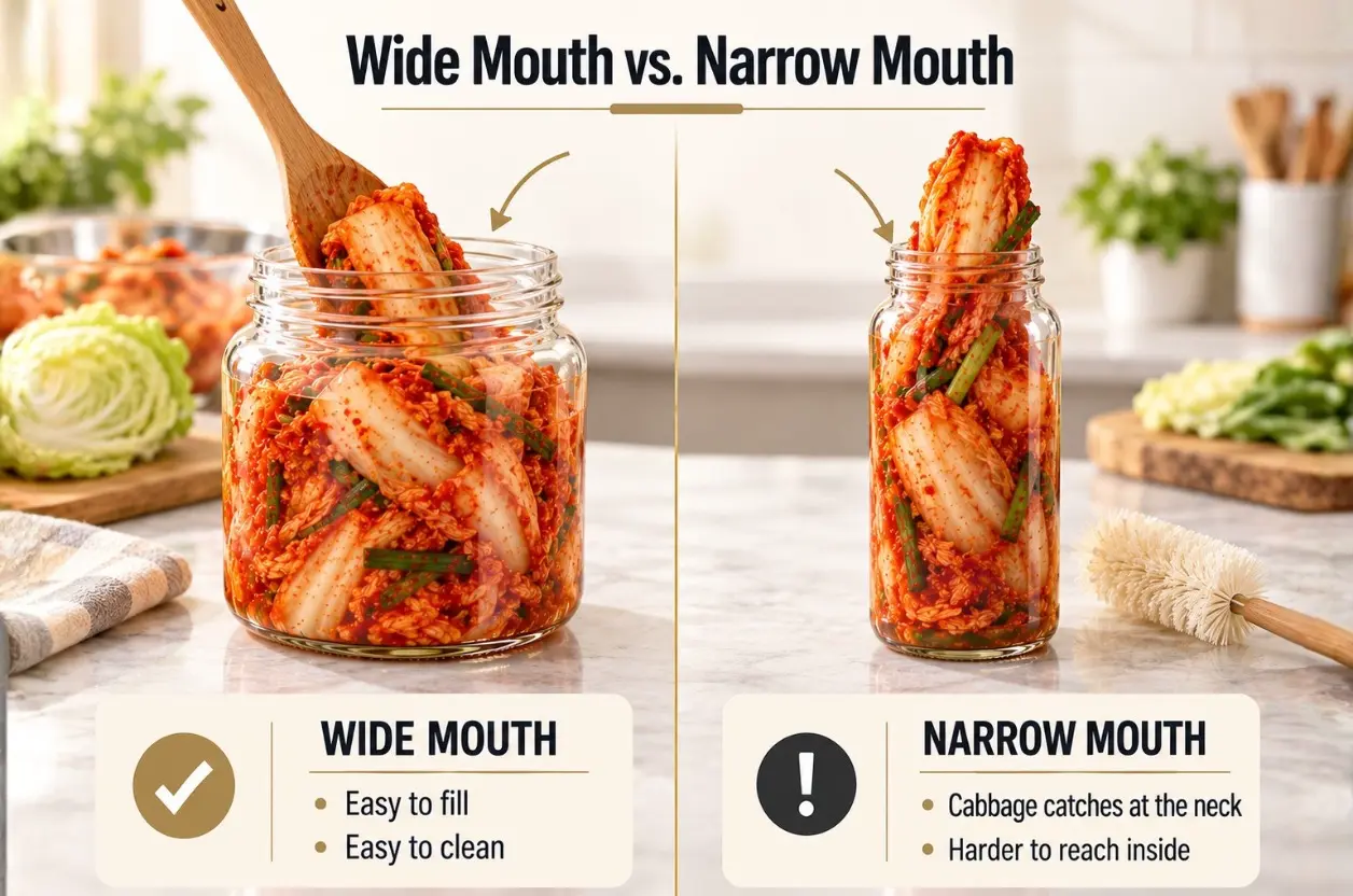 Wide-mouth glass jar is easier to fill and clean than a narrow-mouth jar when packing kimchi