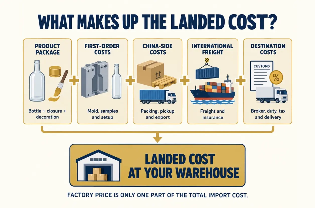 the main costs included in the landed cost of imported glass bottles.
