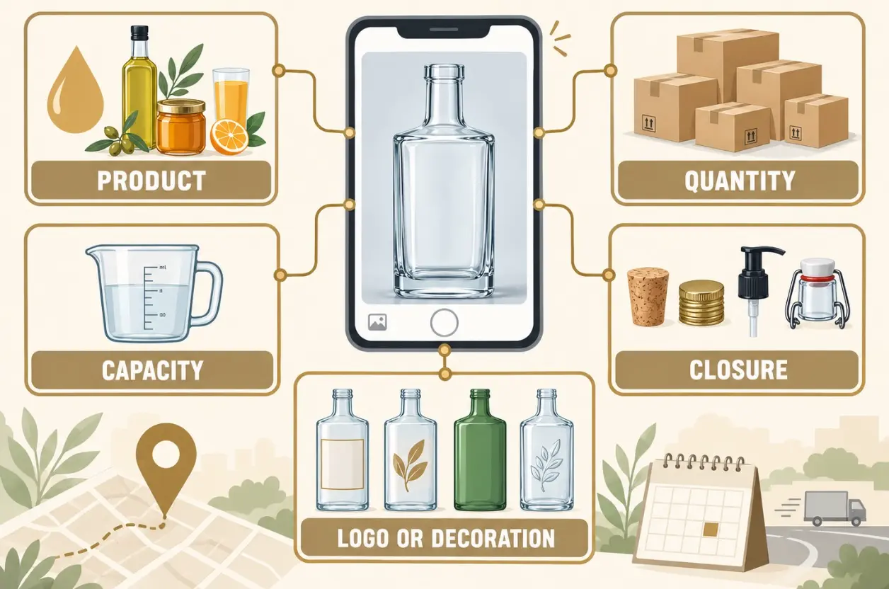 product capacity quantity closure and logo information for a glass bottle inquiry