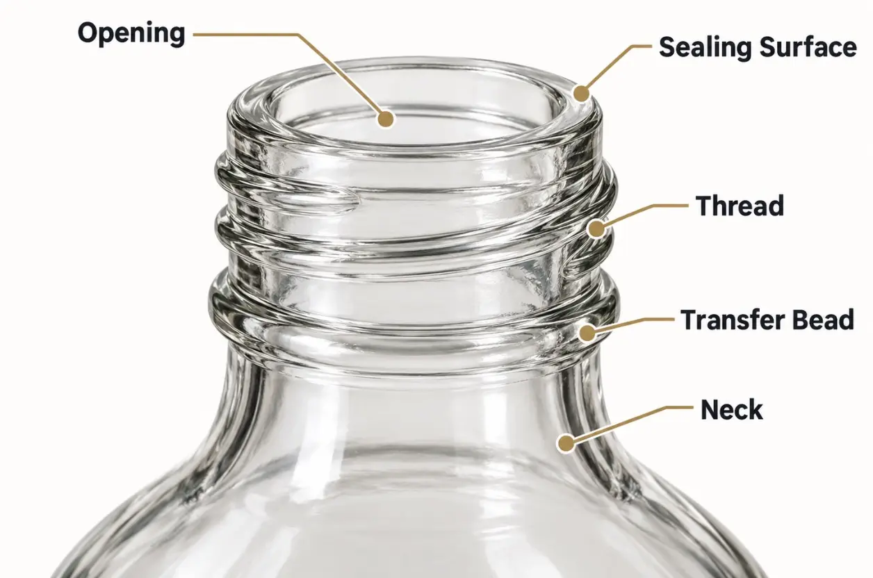 Close-up diagram of a glass bottle finish, opening, sealing surface and thread