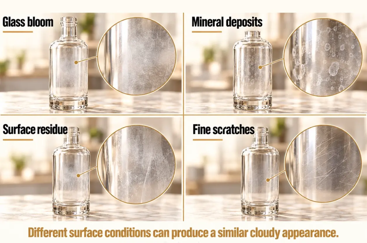 Glass bloom, mineral deposits, residue and fine scratches causing cloudy glass