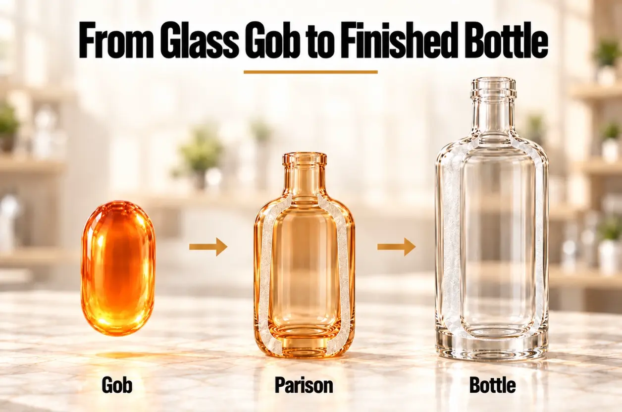 a glass gob, a hollow parison and a finished bottle