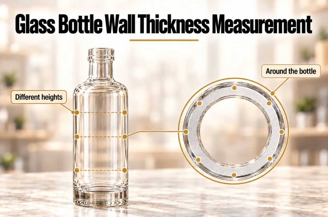 wall thickness measurement points around a glass bottle at different heights