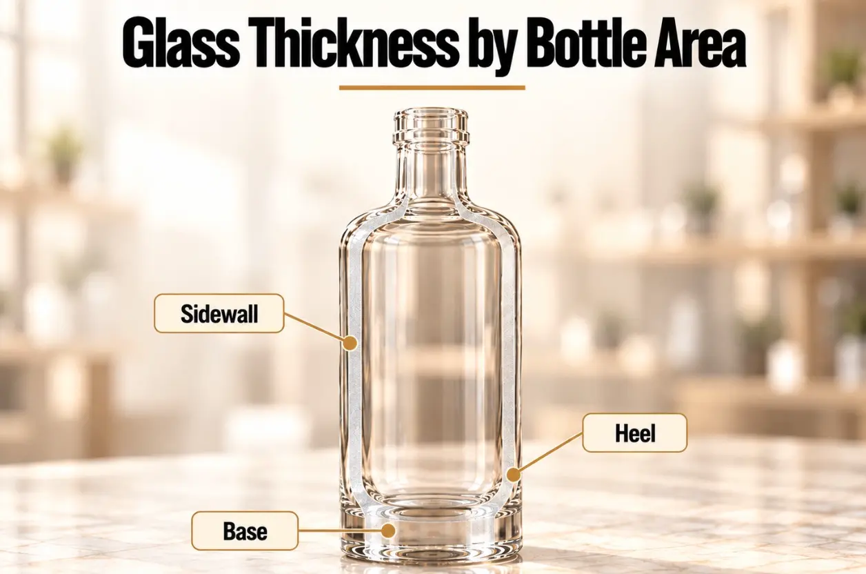 Cutaway illustration of a glass bottle showing different thicknesses at the sidewall, heel and base