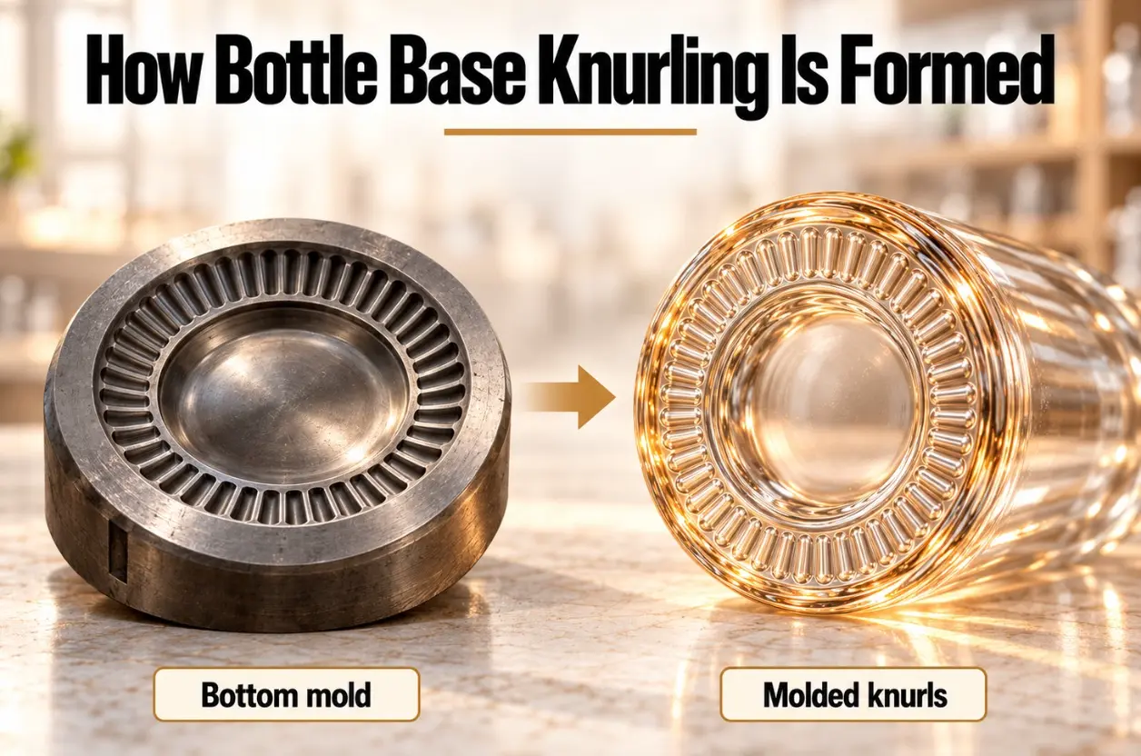 patterned bottom mold forming raised knurls on a glass bottle base
