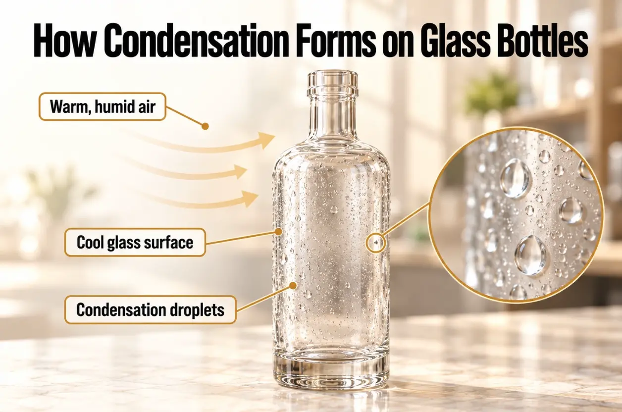 Water vapor condensing on a cool glass bottle in warm humid air