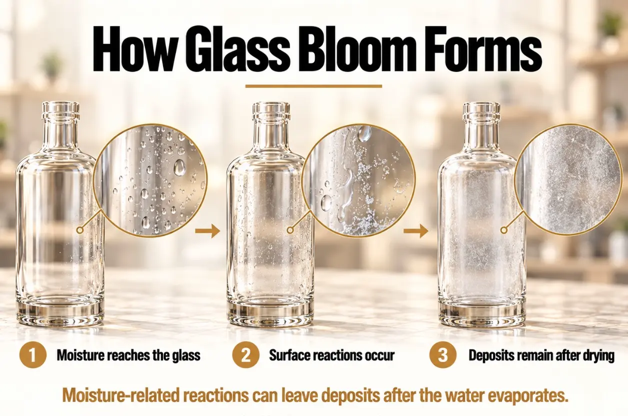 Moisture reacts with a glass bottle surface and leaves carbonate deposits after drying