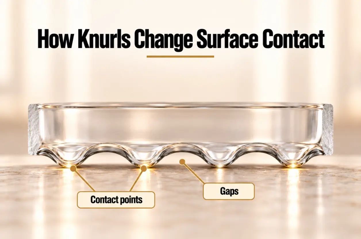 Cross-section showing raised knurl tips touching a flat surface with gaps between them