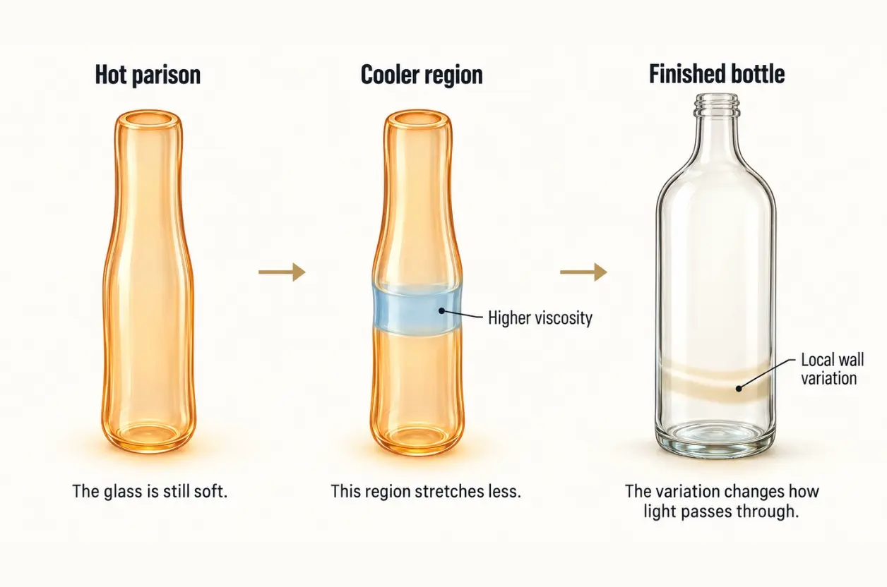 cooler glass region stretching less during bottle forming
