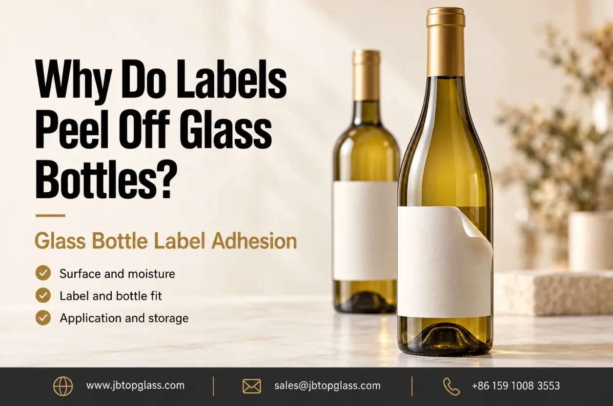 Label lifting from the edge of a glass bottle beside a correctly labeled bottle