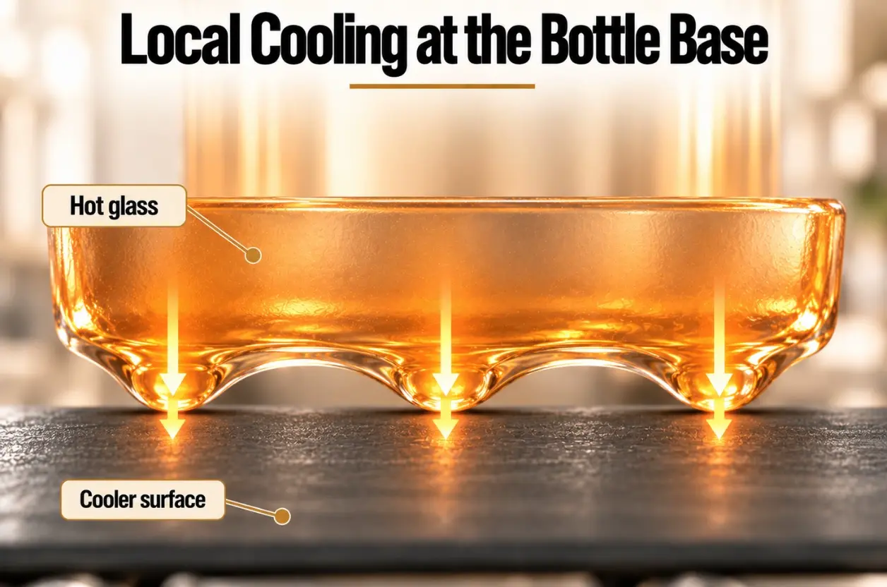 Illustration of heat transfer where a hot knurled glass bottle base touches a cooler conveyor