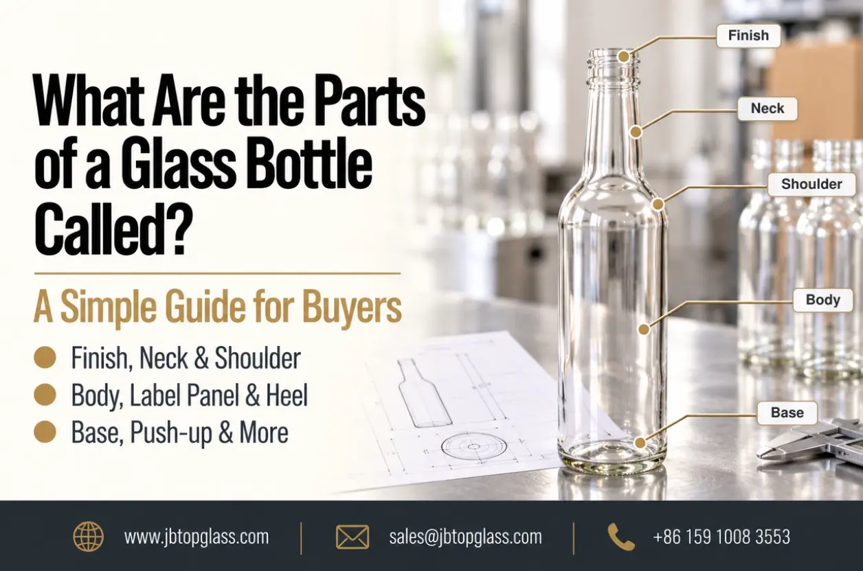 Glass bottle parts cover showing the finish, neck, shoulder, body and base