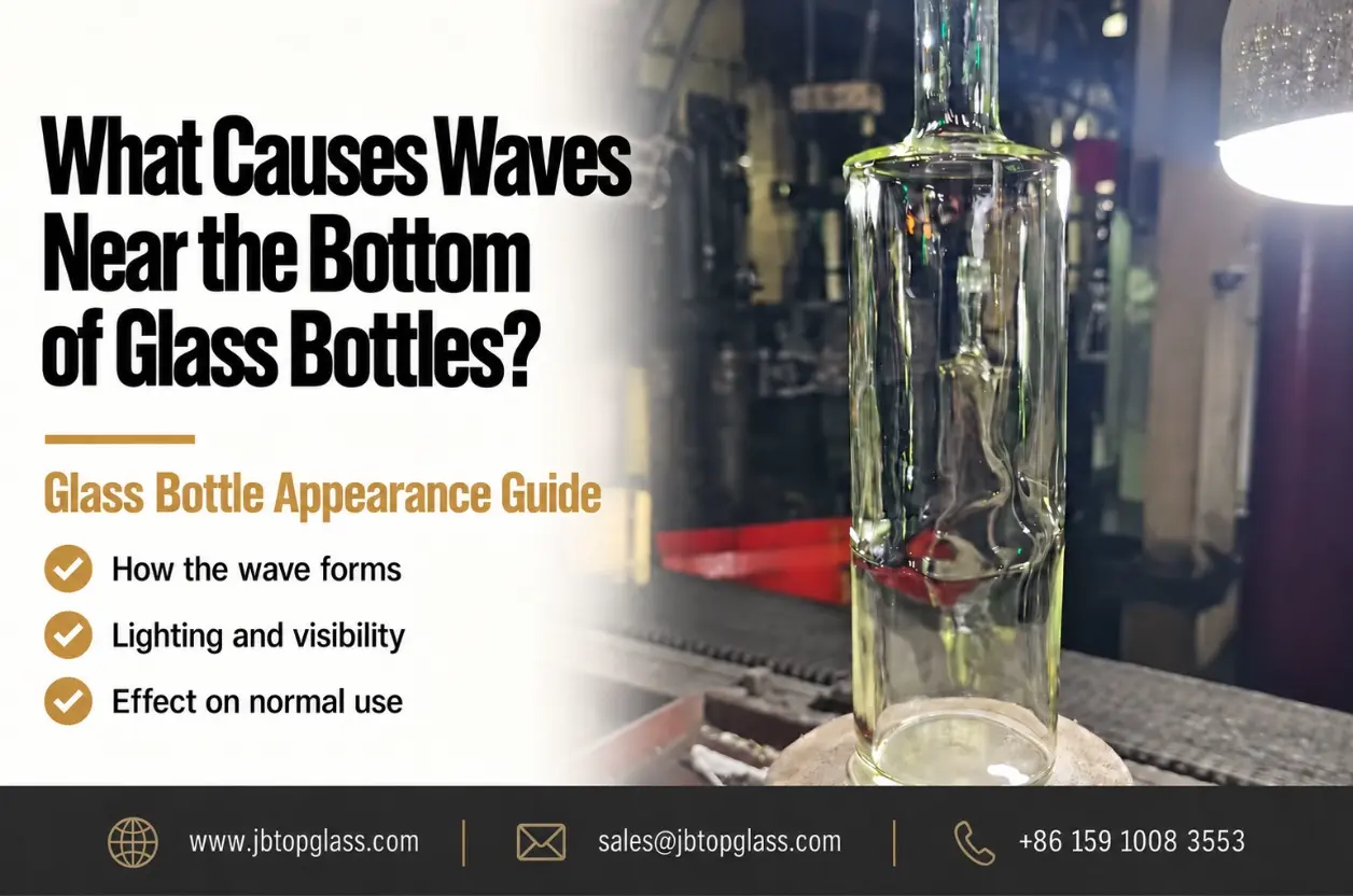 Clear glass bottle with a visible settle wave in its lower sidewall