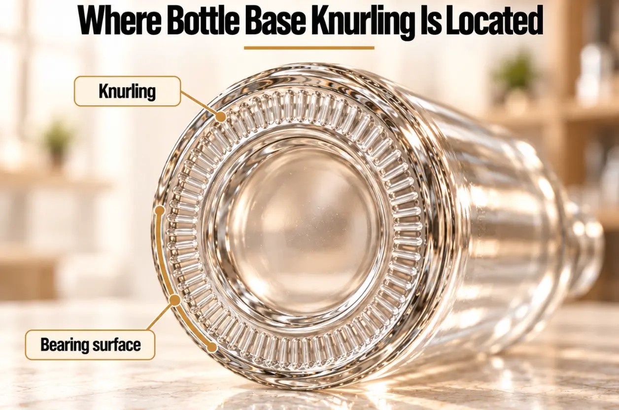 Bottom view of a clear glass bottle showing knurling around the bearing surface